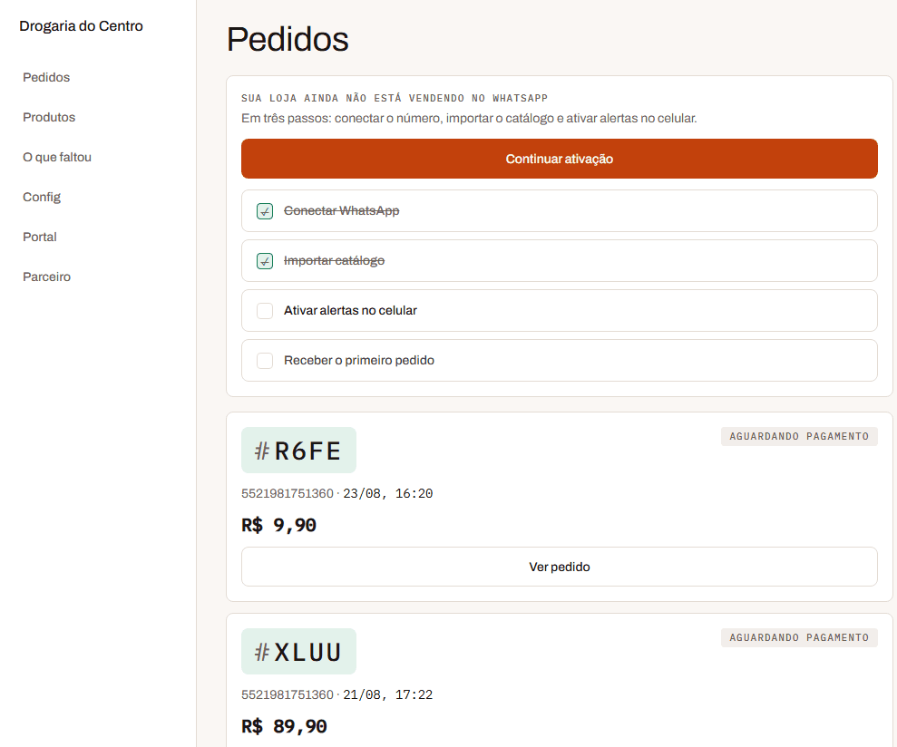 Separô dashboard with order list and WhatsApp activation checklist