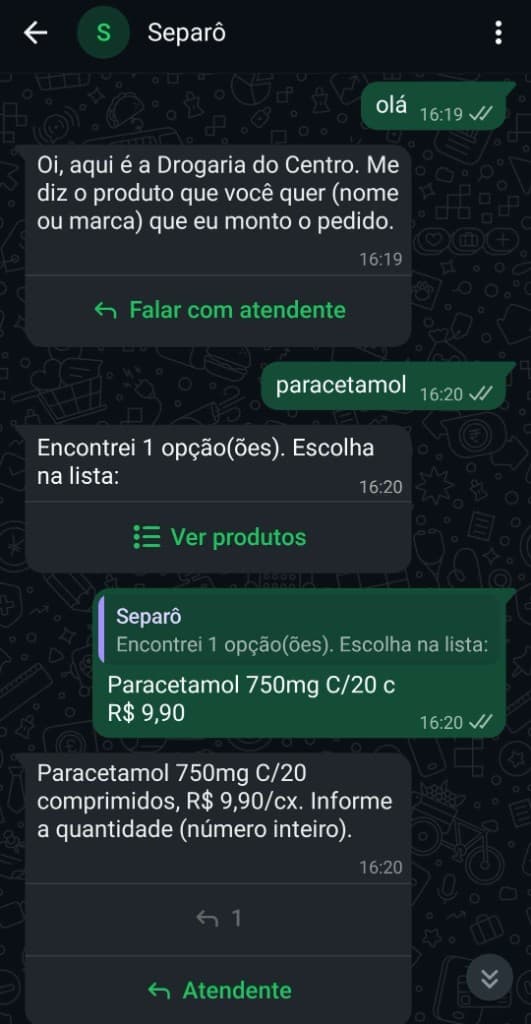 WhatsApp chat building a paracetamol order with Separô