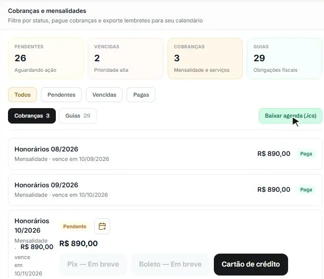 Calendário fiscal do portal do cliente: cobranças e guias com status e botão para baixar a agenda