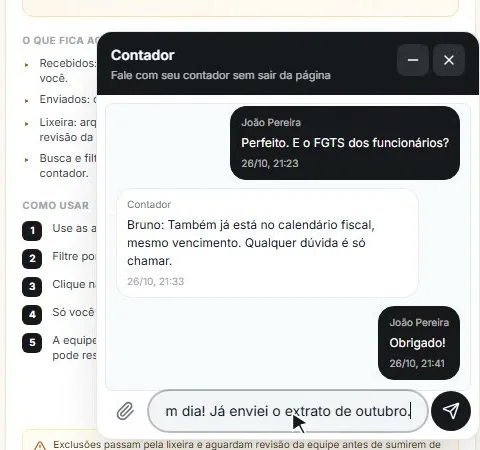 Chat do portal do cliente com a equipe do escritório